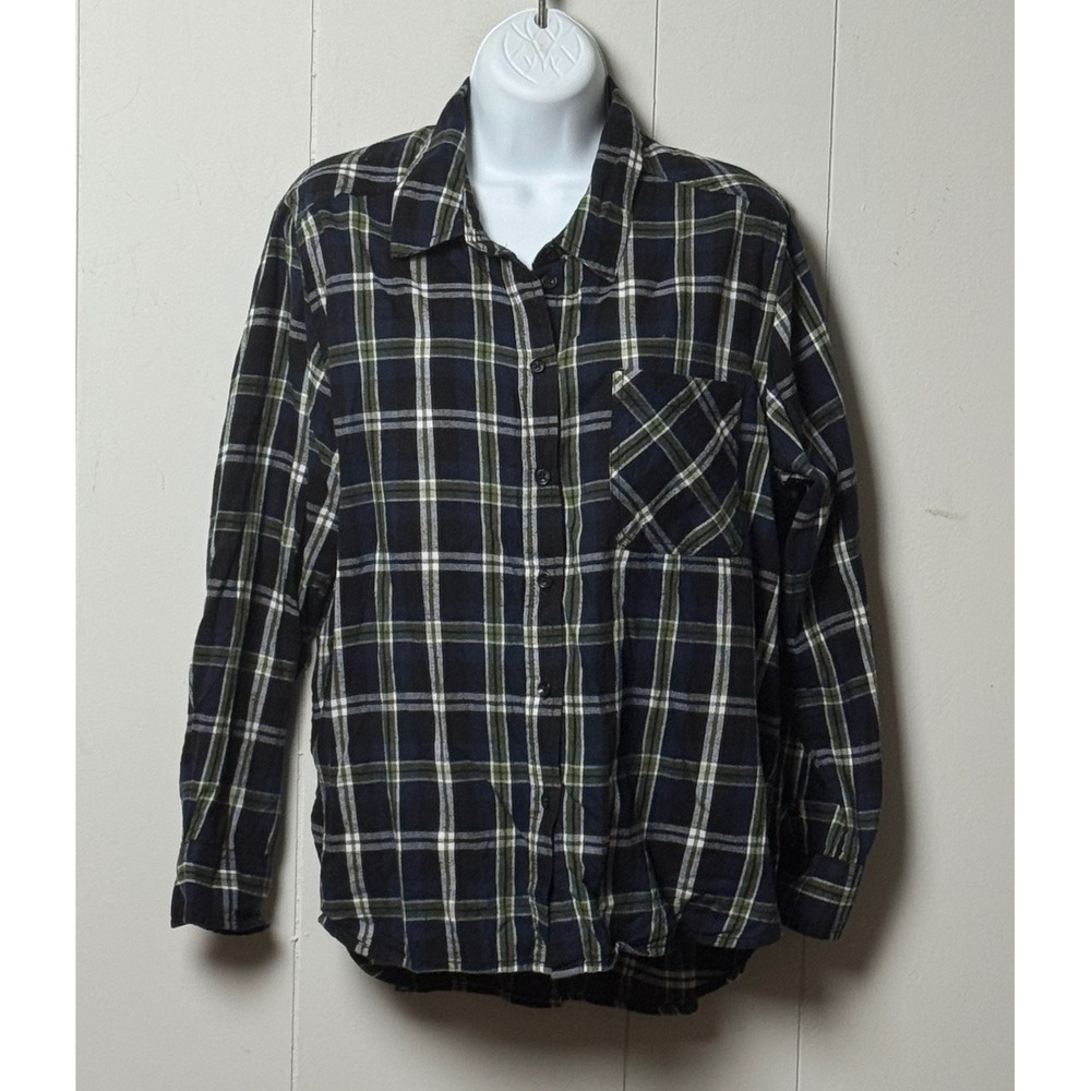 Time and Tru Women's Navy Blue Green Plaid Flannel Long Sleeve Cotton Shirt Sz L